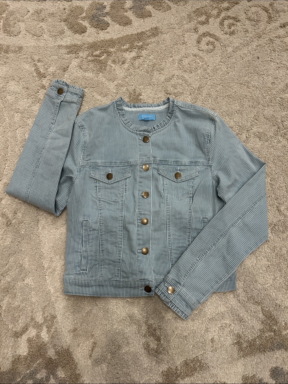 Draper James Blue White Striped Denim-Style Jacket Ruffled Trim
